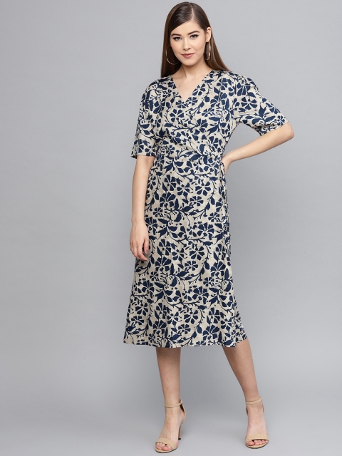 

RARE ROOTS Women Grey & Navy Printed Midi Wrap Dress