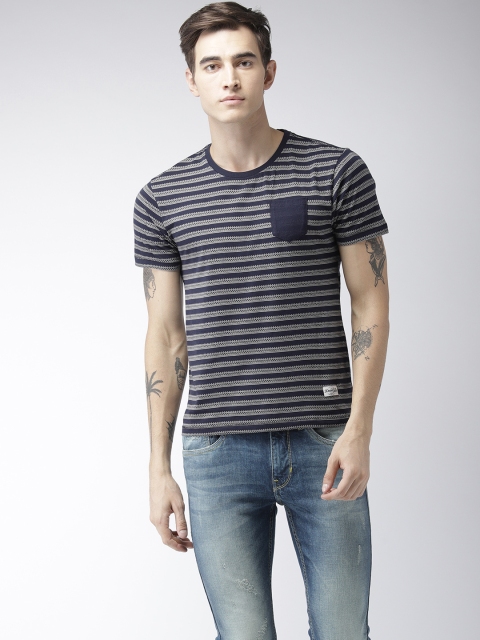 

Flying Machine Men Navy Blue & Off-White Striped Round Neck T-shirt