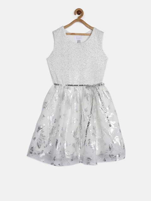 

The Childrens Place Girls White & Silver-Toned Printed Fit & Flare Dress