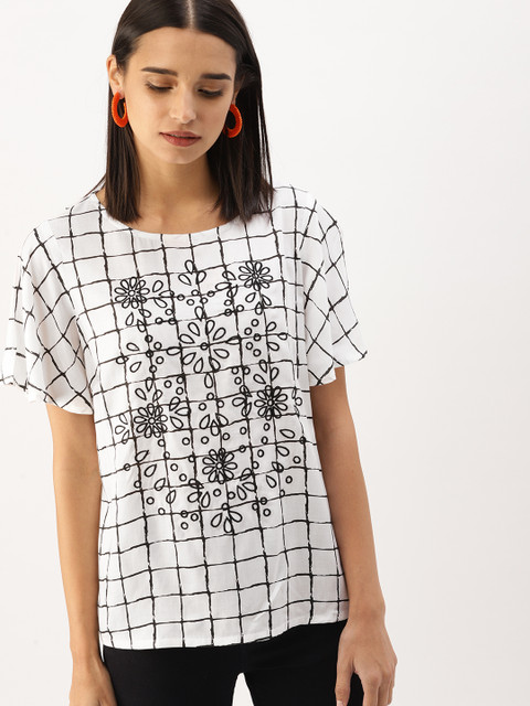 

DressBerry Women White & Black Checked Top