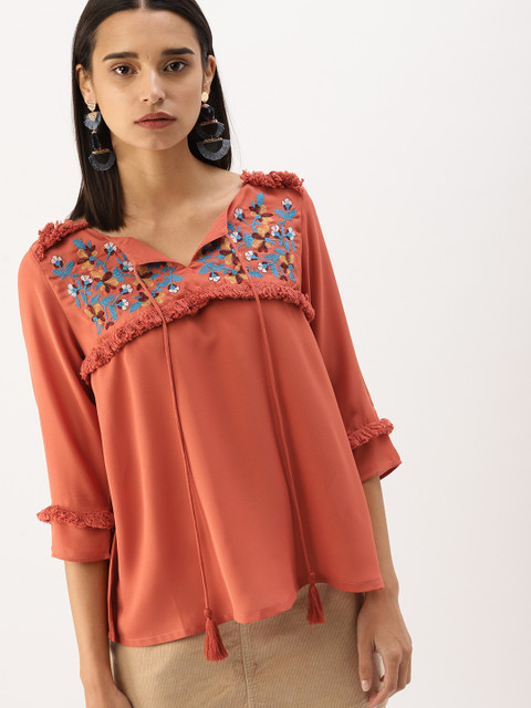 

DressBerry Women Rust Orange Embroidered Top