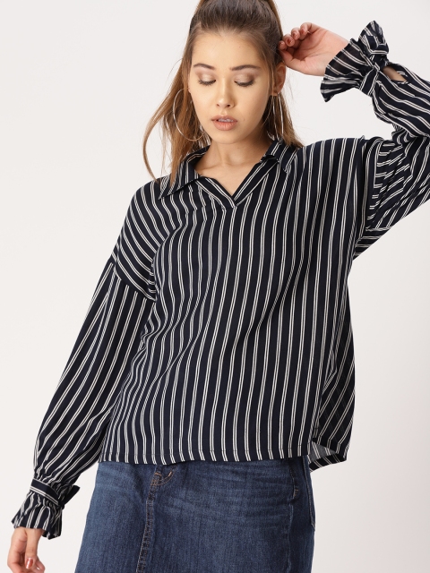 

DressBerry Women Navy Blue & White Striped Shirt Style Top