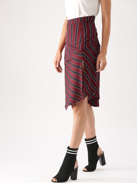 

DressBerry Women Maroon & Navy blue A-Line Striped Asymmetric Hem Skirt