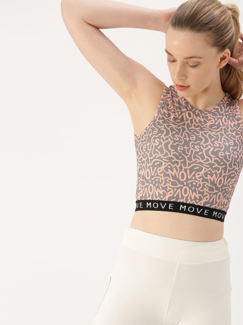 

DressBerry Women Grey & Peach-Coloured Printed Crop Top