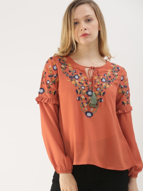 

DressBerry Women Rust Self Design Top