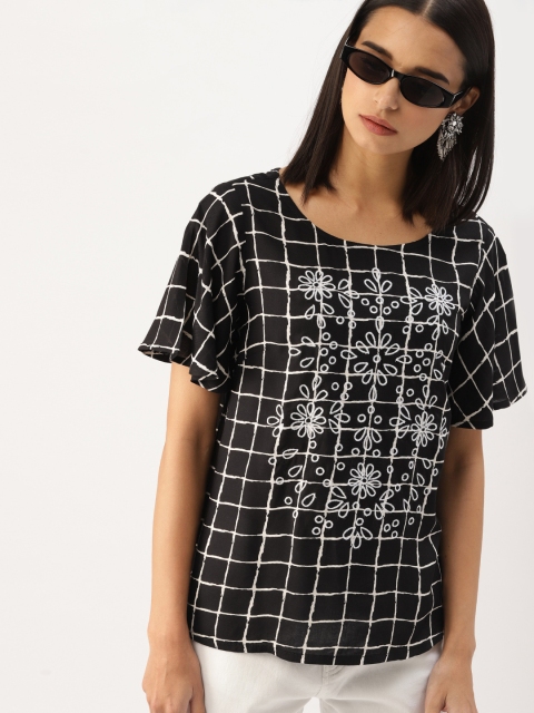 

DressBerry Women Black & White Checked Pure Cotton Top