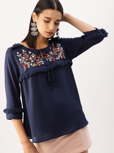 

DressBerry Women Navy Blue Embroidered Top