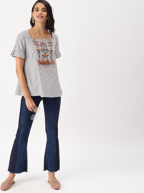 

DressBerry Women White & Grey Striped Top