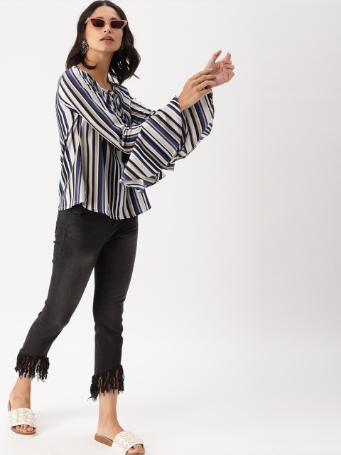 

DressBerry Women Off-White & Navy Blue Striped Top
