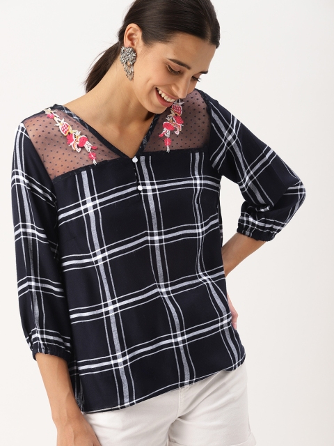 

DressBerry Women Navy Blue Checked Top