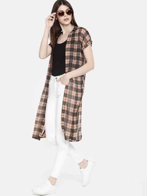 

DressBerry Women Black & Mustard Yellow Checked Open Front Shrug