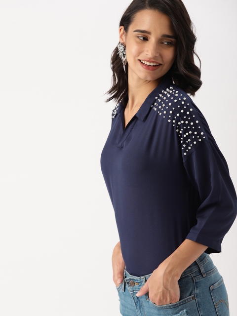 

DressBerry Women Navy Blue Embellished Top