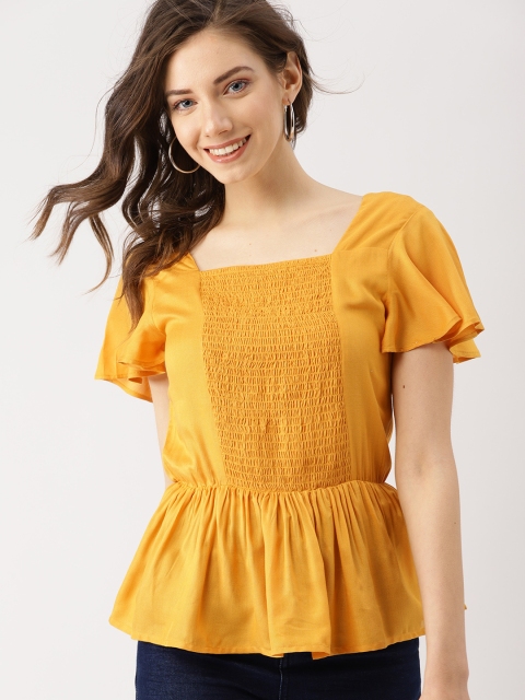 

DressBerry Women Mustard Yellow Solid Cinched Waist Top