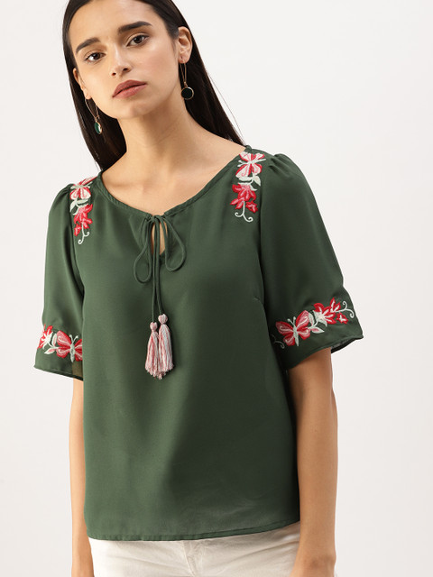

DressBerry Women Olive Green Embroidered Top