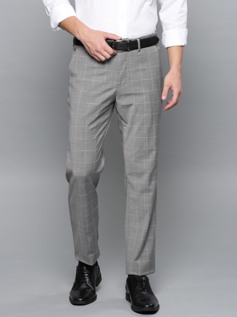 

Louis Philippe Men Grey Slim Fit Low-Rise Checked Formal Trousers