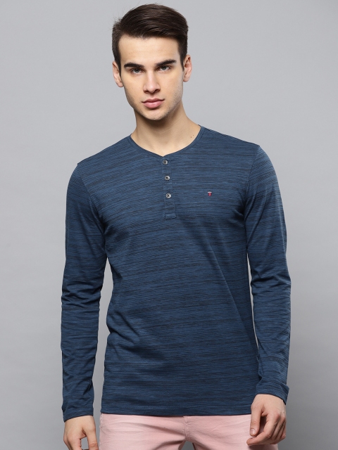 

Louis Philippe Jeans Men Teal Blue & Black Striped Henley Neck T-shirt