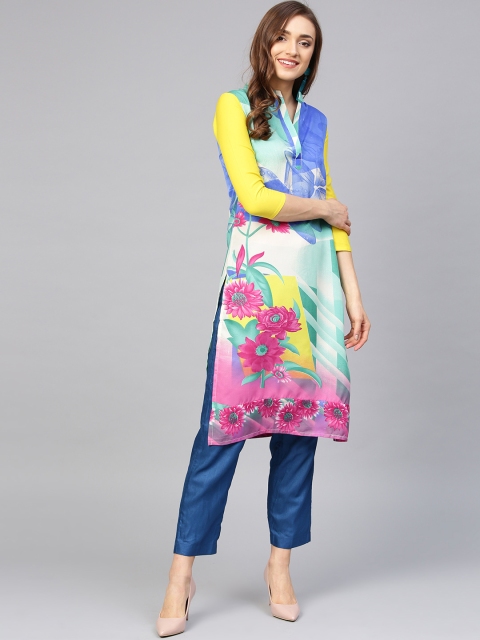 

Chhabra 555 Women Blue & Pink Floral Printed Straight Kurta