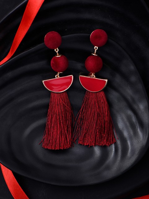 

justpeachy Maroon Geometric Tasselled Drop Earrings