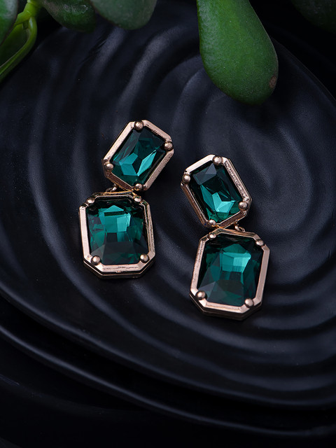 

justpeachy Green & Gold-Toned Geometric Drop Earrings
