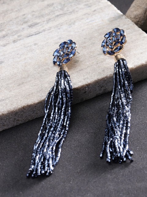 

YouBella Navy Gold-Plated Stone-Studded Floral-Shaped Tasselled Drop Earrings, Navy blue