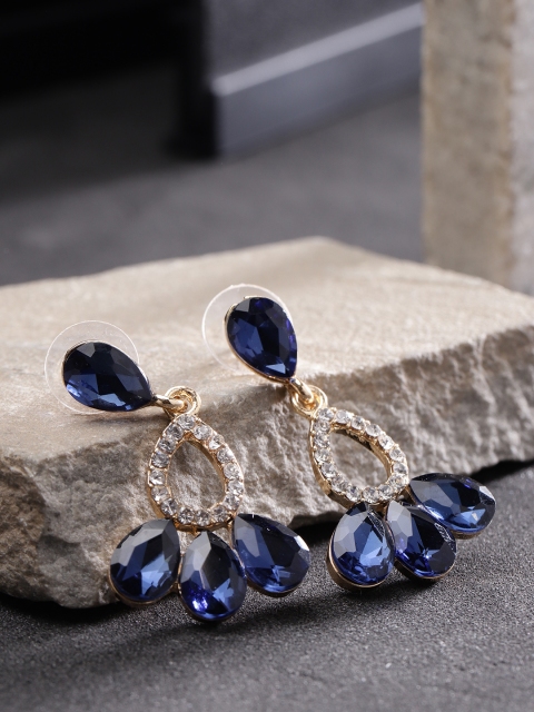 

YouBella Navy Blue Gold-Plated Teardrop Shaped Stone-Studded Drop Earrings