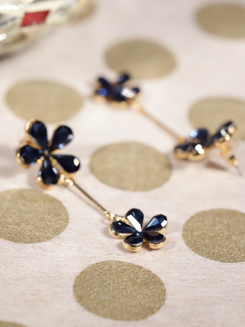 

YouBella Navy Blue Gold-Plated Stone-Studded Floral Drop Earrings