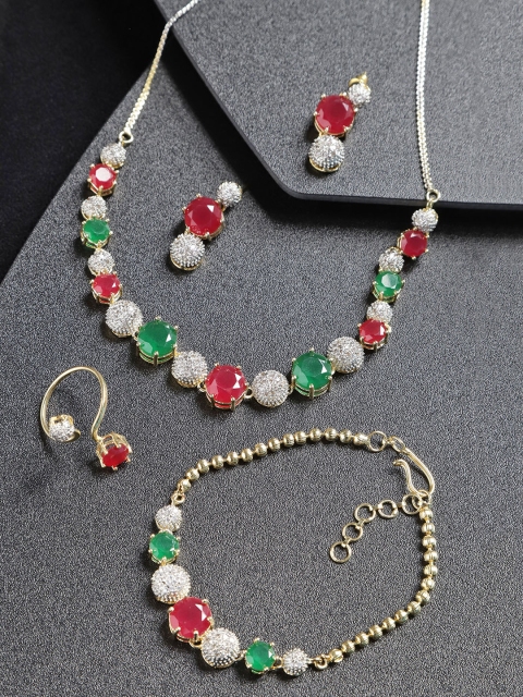

YouBella Pink & Green Gold-Plated Stone-Studded Jewellery Set