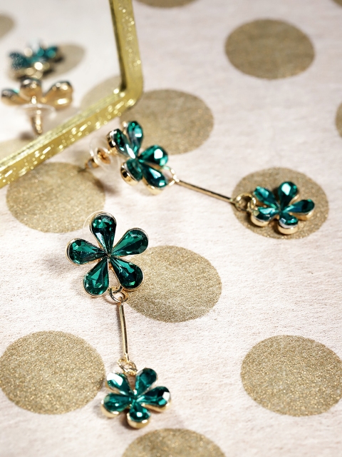 

YouBella Green Gold-Plated Stone-Studded Floral Drop Earrings