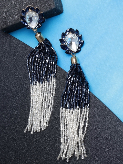 

YouBella Navy Blue & Off-White Gold-Plated Stone-Studded & Beaded Tasselled Drop Earrings