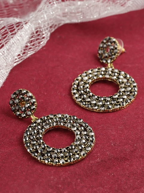 

YouBella Gunmetal-Toned Gold-Plated Stone-Studded Circular Drop Earrings