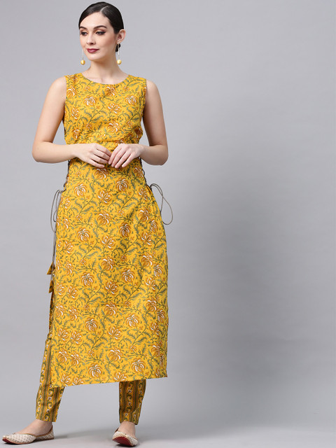 

AKS Women Yellow & Green Printed Straight Kurta