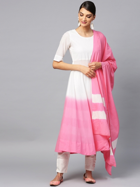 

AKS Women Pink & White Dyed Kurta with Trousers & Dupatta