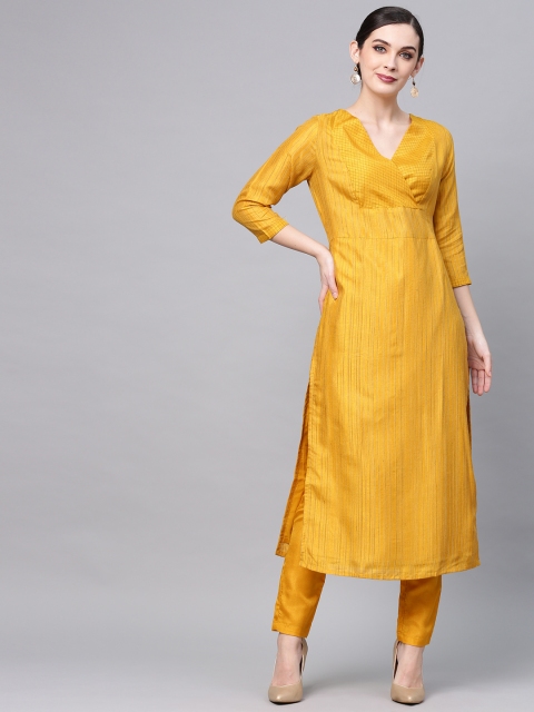 

AKS Women Mustard Yellow Striped Straight Kurta