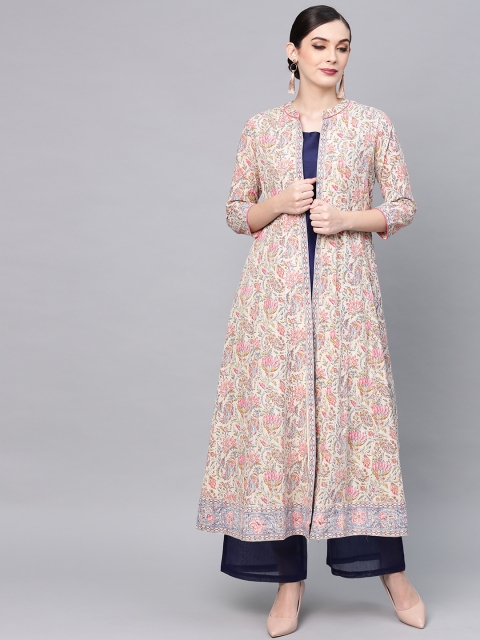 

AKS Women Off-White & Pink Printed Longline Open Front Ethnic Jacket