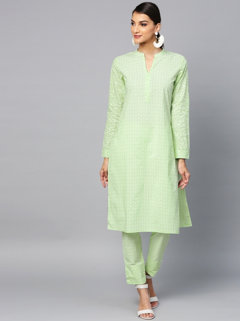 

AKS Women Sea Green & White Khari Print Kurta with Trousers