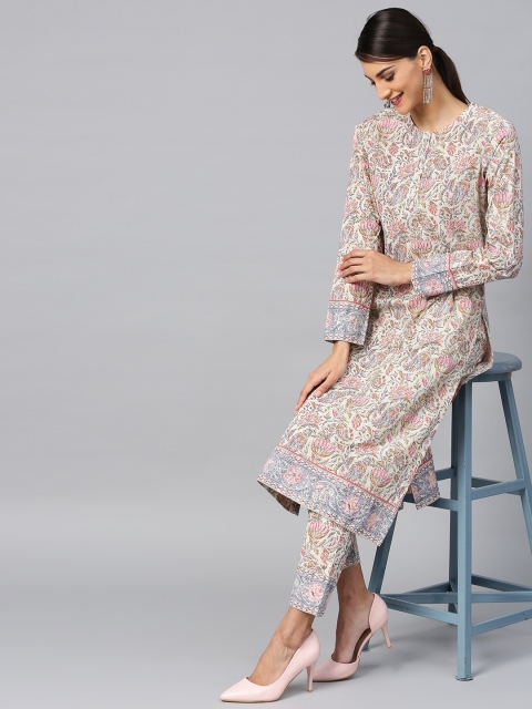 

AKS Women Cream-Coloured & Pink Printed Kurta with Trousers