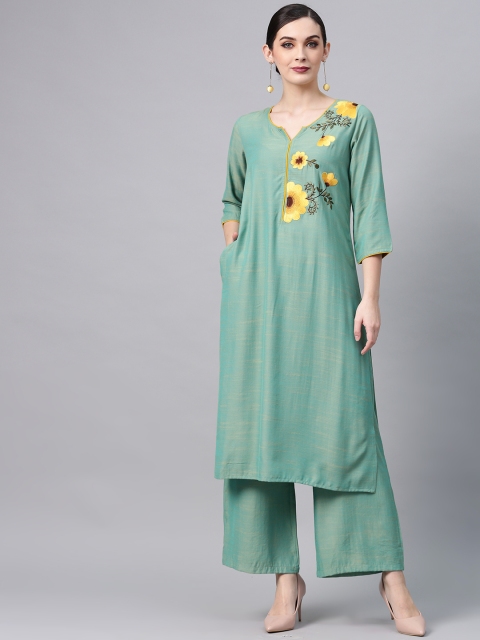 

AKS Women Sea Green Floral Yoke Design Straight Kurta