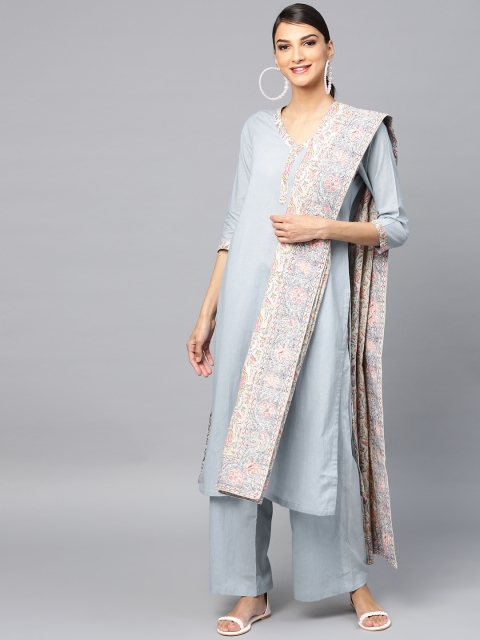 

AKS Women Blue & Off-White Solid Kurta with Palazzos & Dupatta