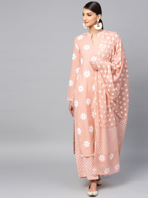 

AKS Women Peach-Coloured & White Khari Print Kurta with Palazzos & Dupatta