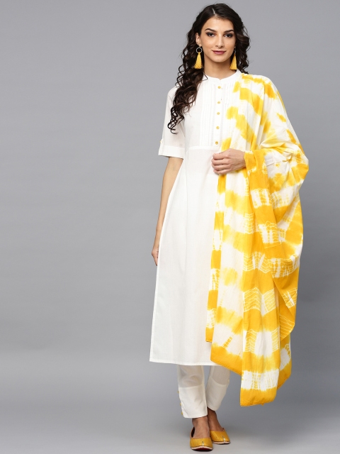 

AKS Women White & Yellow Solid Kurta with Trousers & Dupatta