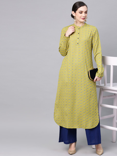 

AKS Women Green & Blue Printed Straight Kurta