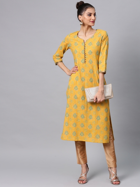

AKS Women Mustard Yellow & Blue Printed Straight Kurta