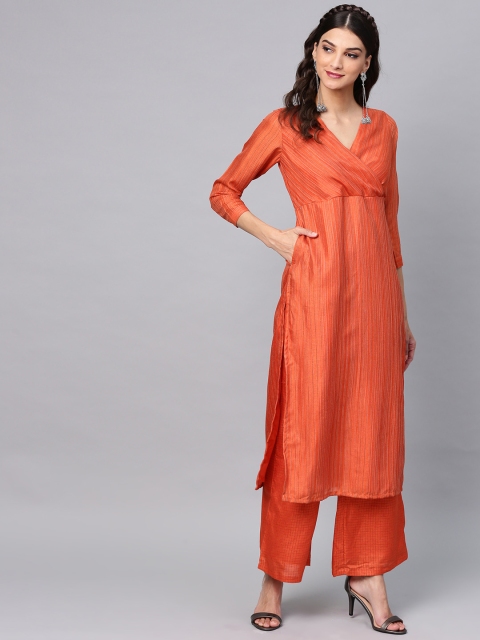 

AKS Women Orange Striped Kurta with Palazzos