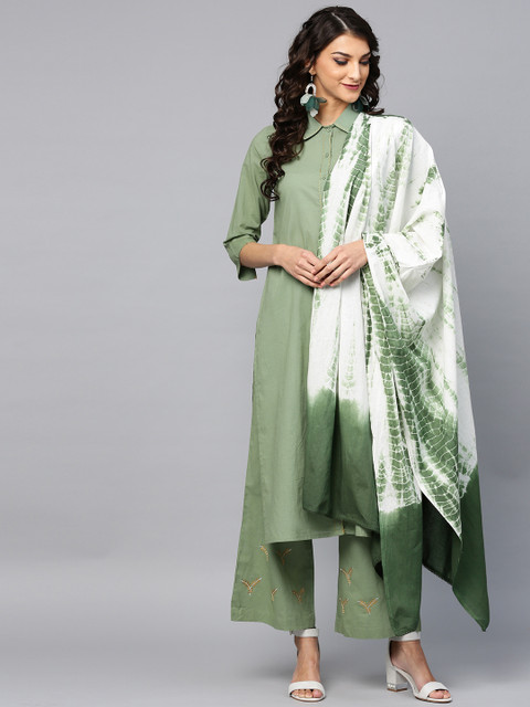 

AKS Women Green Solid Kurta with Palazzos & Dupatta