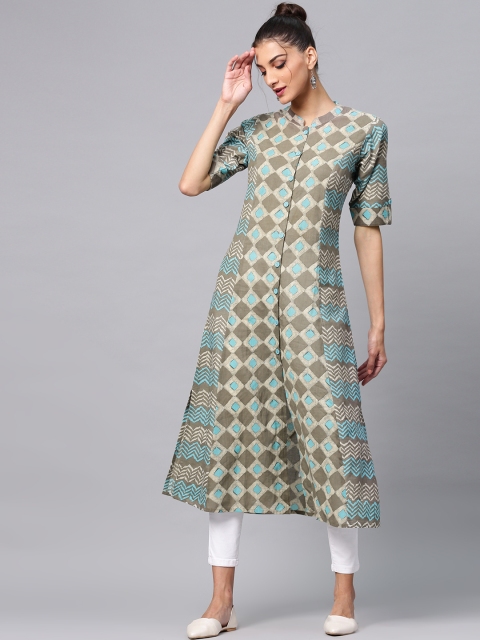 

AKS Women Grey & Blue Printed A-Line Kurta