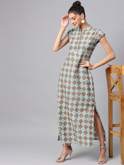 

AKS Women Grey & Blue Printed Maxi Dress