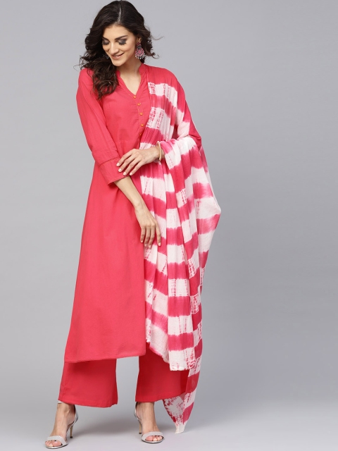 

AKS Women Pink & White Solid Kurta with Palazzos & Dupatta
