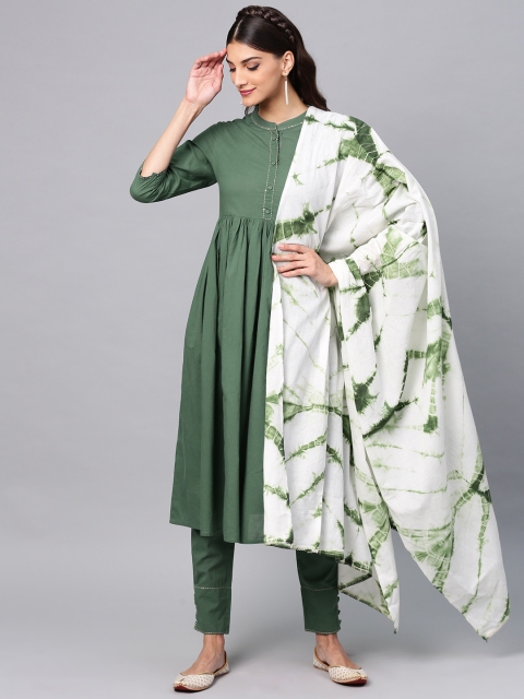 

AKS Women Green & White Solid Kurta with Trousers & Dupatta
