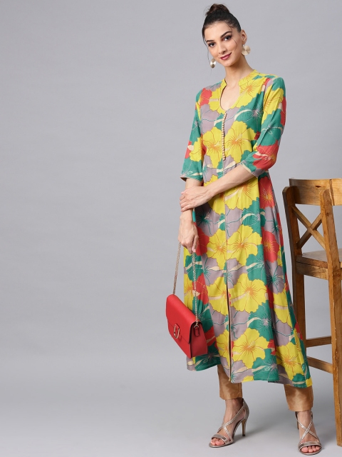 

AKS Women Yellow & Green Floral Print A-Line Kurta