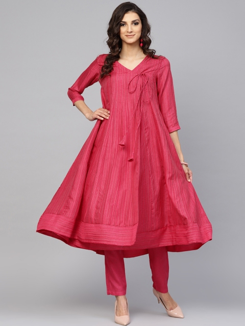 

AKS Women Pink Striped Angrakha A-Line Kurta